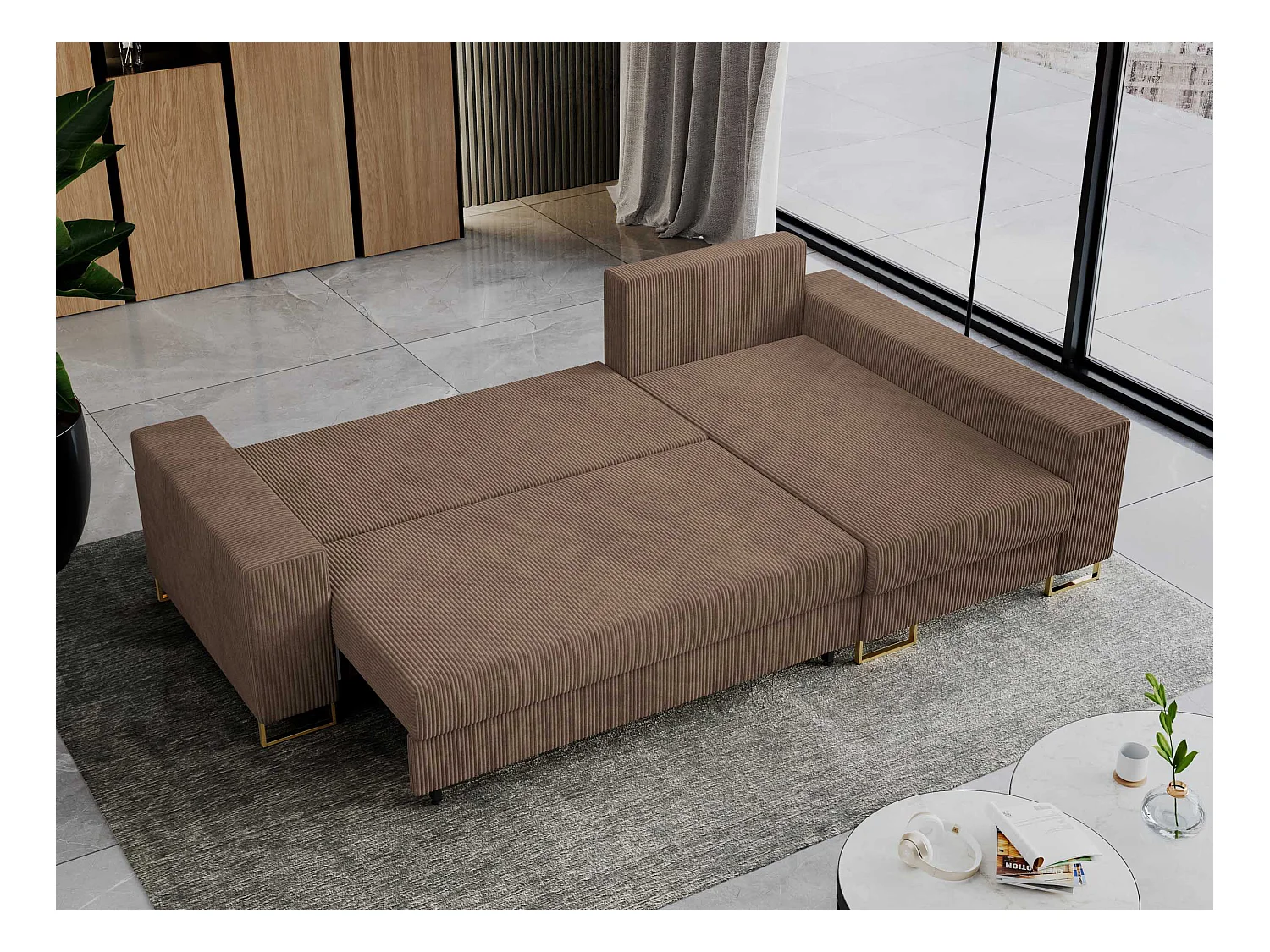 Ecksofa DORIAN - schlaffunktion und Bettkasten, lose Kissen - Hellbraun Cord