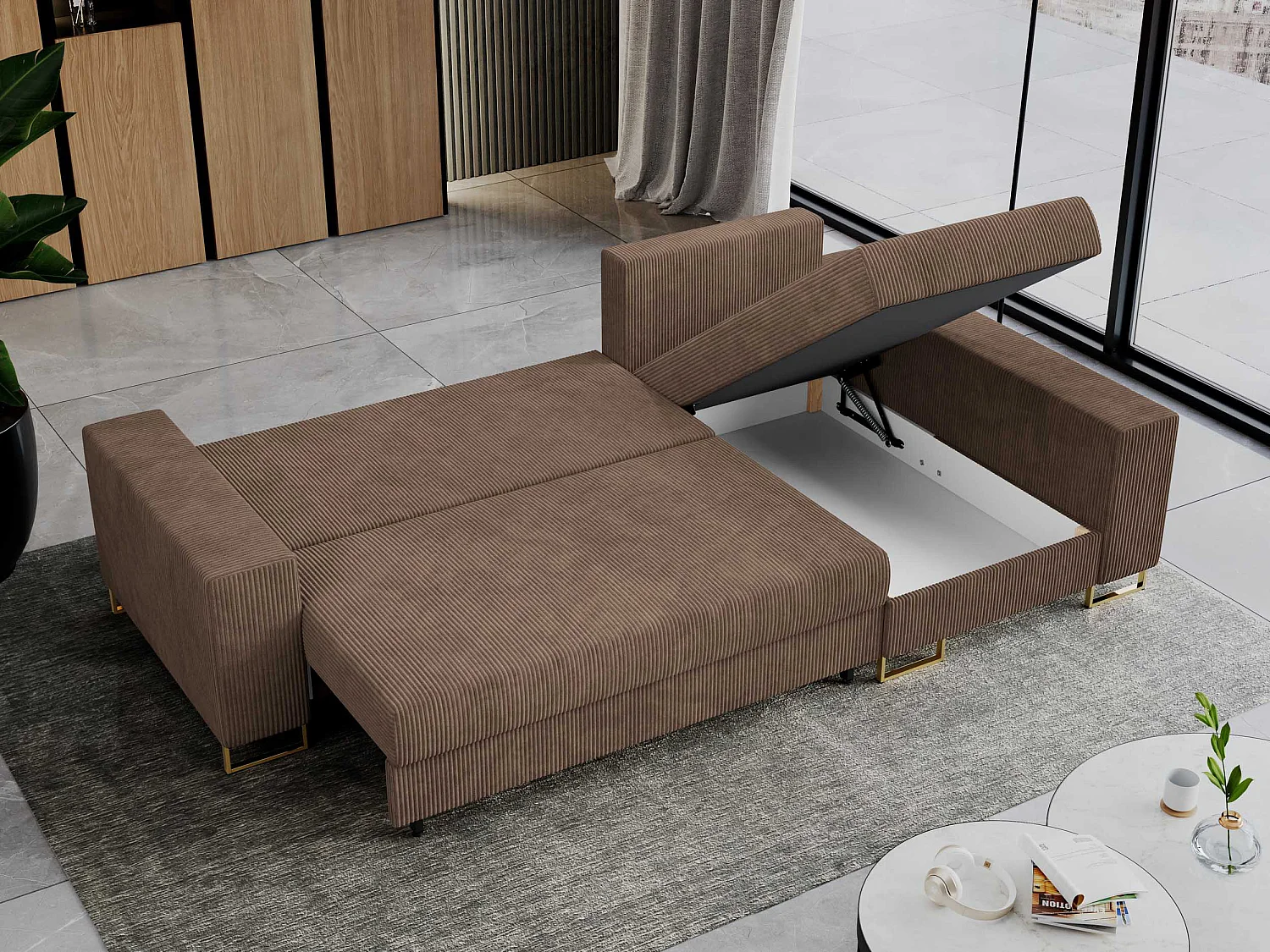 Ecksofa DORIAN - schlaffunktion und Bettkasten, lose Kissen - Hellbraun Cord