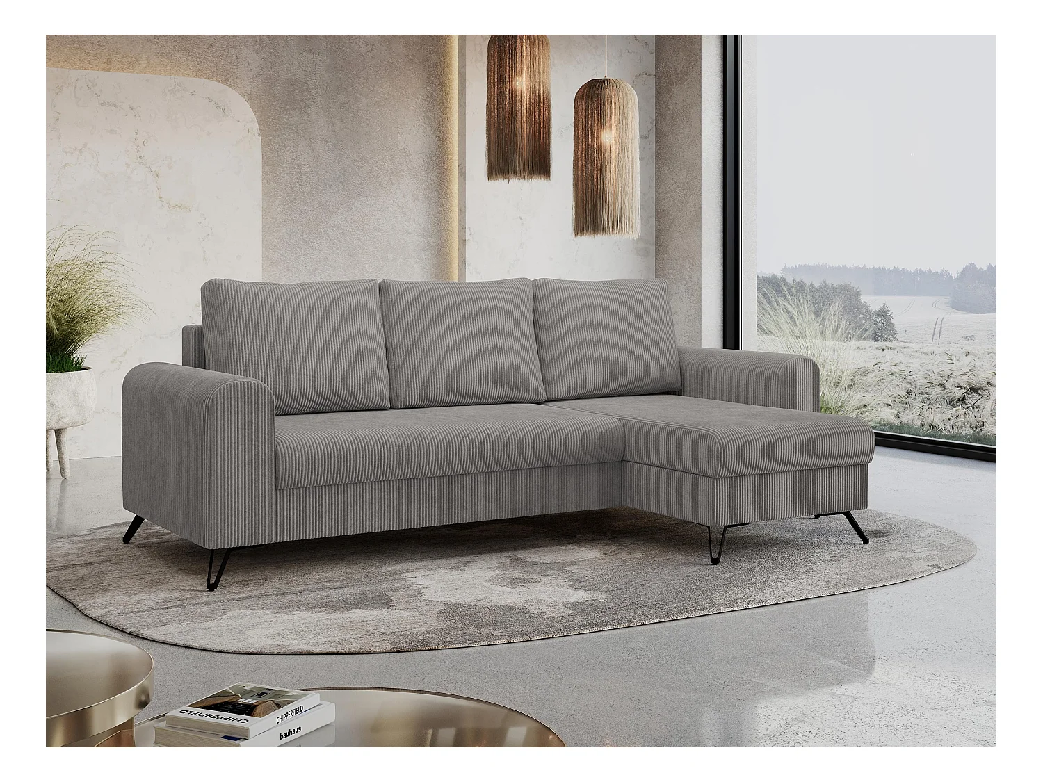 Ecksofa HUGO - L-Form mit Schlaffunktion, lose Kissen - Hellgrau Cord