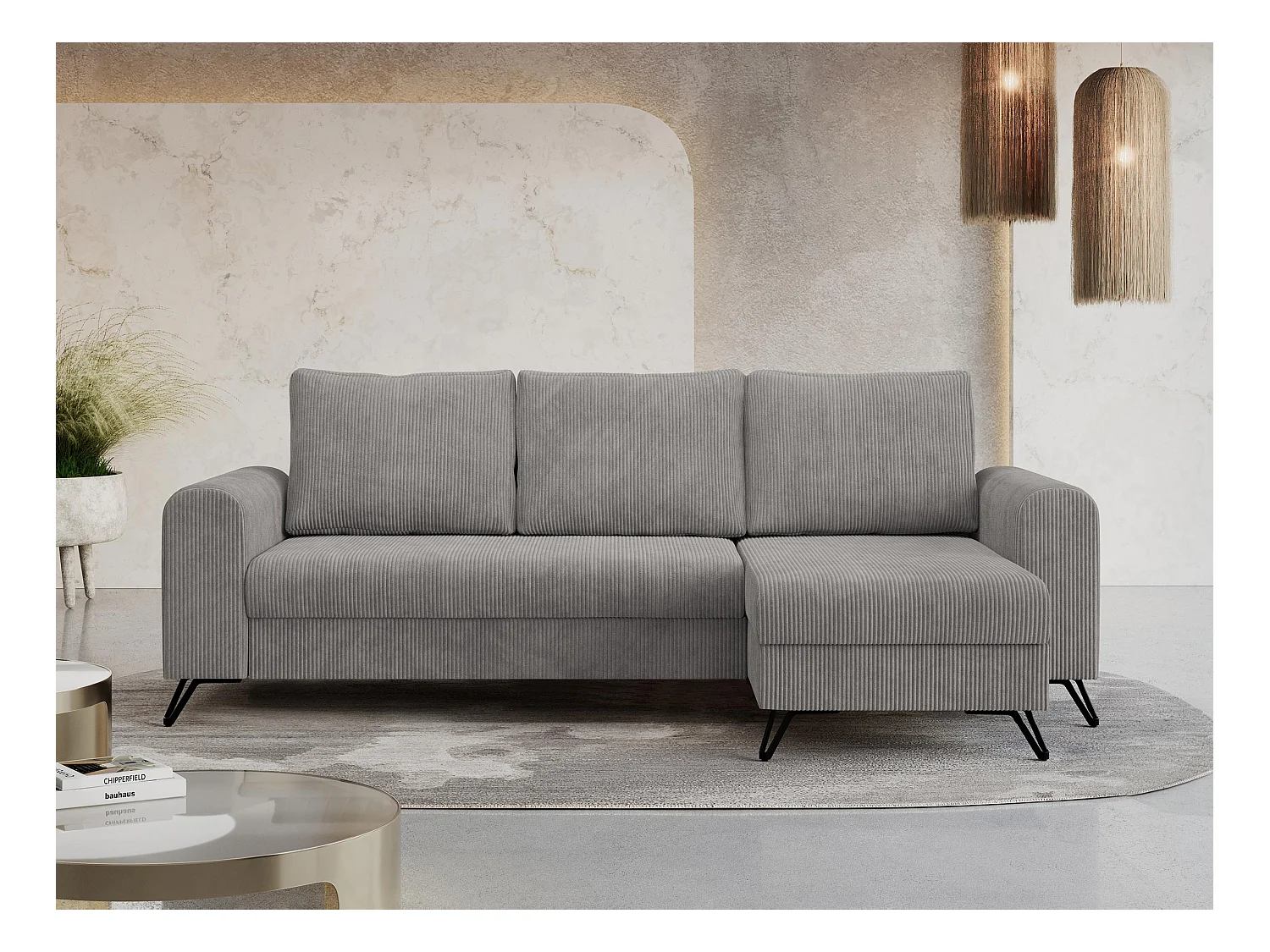 Ecksofa HUGO - L-Form mit Schlaffunktion, lose Kissen - Hellgrau Cord