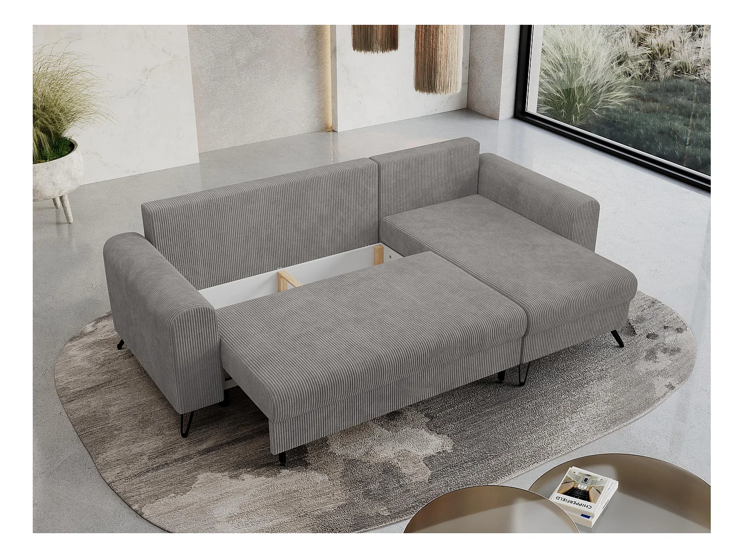 Ecksofa HUGO - L-Form mit Schlaffunktion, lose Kissen - Hellgrau Cord