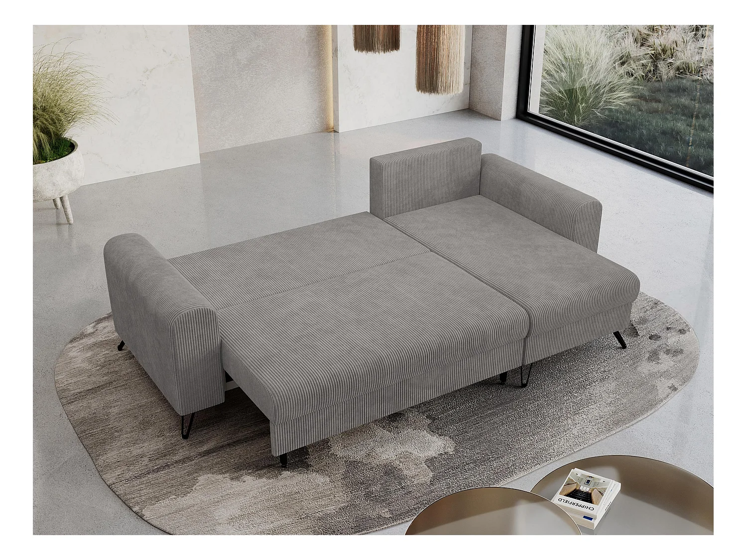 Ecksofa HUGO - L-Form mit Schlaffunktion, lose Kissen - Hellgrau Cord