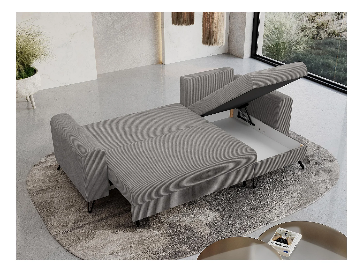 Ecksofa HUGO - L-Form mit Schlaffunktion, lose Kissen - Hellgrau Cord