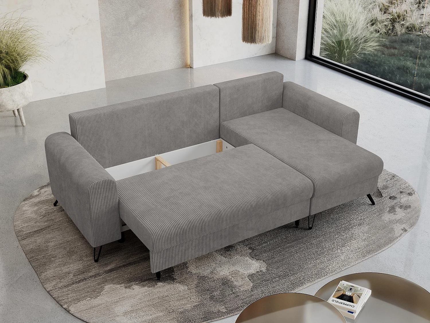 Ecksofa HUGO - L-Form mit Schlaffunktion, lose Kissen - Hellgrau Cord