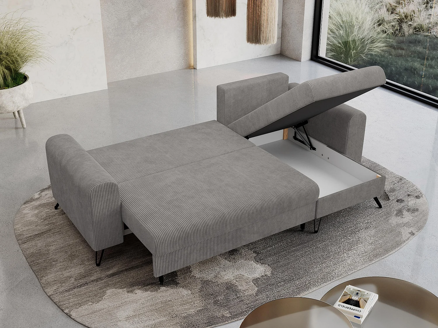 Ecksofa HUGO - L-Form mit Schlaffunktion, lose Kissen - Hellgrau Cord