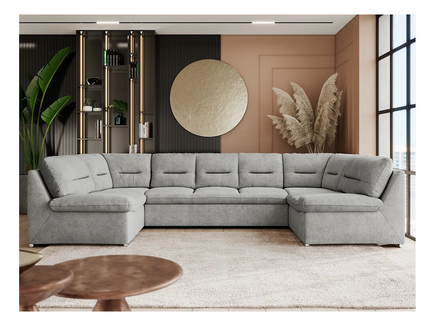 Ecksofa COMODO U, Große Wohnlandschaft, mit Schlaffunktion - Hellgrau Stukture