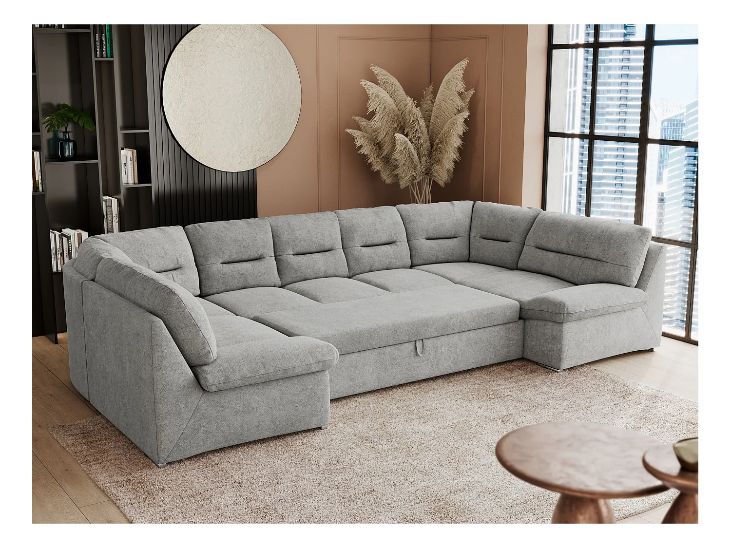 Ecksofa COMODO U, Große Wohnlandschaft, mit Schlaffunktion - Hellgrau Stukture