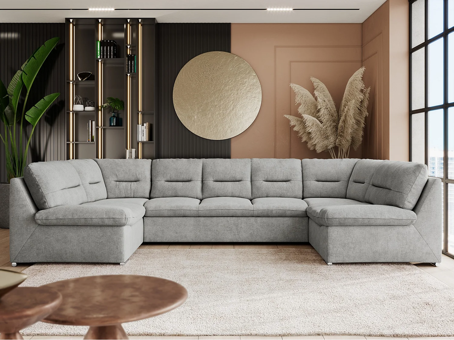 Ecksofa COMODO U, Große Wohnlandschaft, mit Schlaffunktion - Hellgrau Stukture