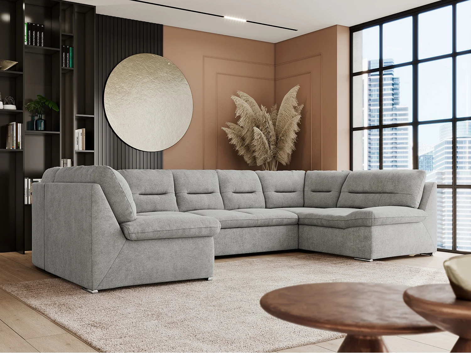 Ecksofa COMODO U, Große Wohnlandschaft, mit Schlaffunktion - Hellgrau Stukture