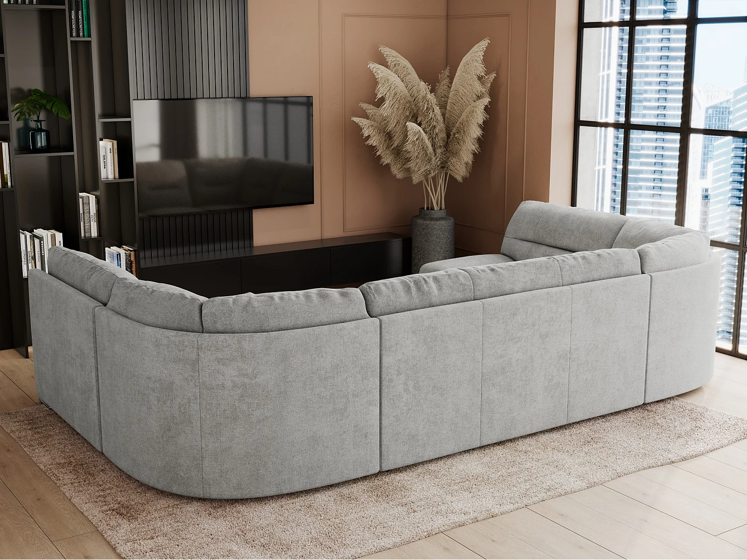 Ecksofa COMODO U, Große Wohnlandschaft, mit Schlaffunktion - Hellgrau Stukture