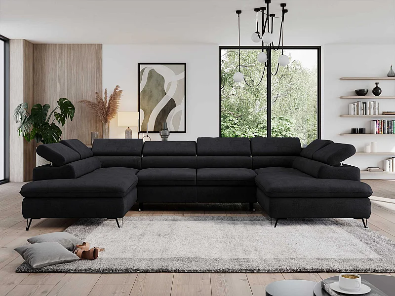 Ecksofa PEDRO U - XXL U-förmige Ecke, schlaffunktion und Bettkästen - Schwarz Velvet