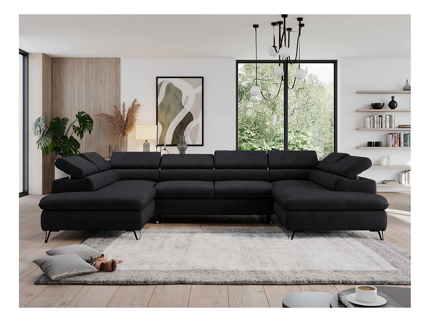 Ecksofa PEDRO U - XXL U-förmige Ecke, schlaffunktion und Bettkästen - Schwarz Velvet