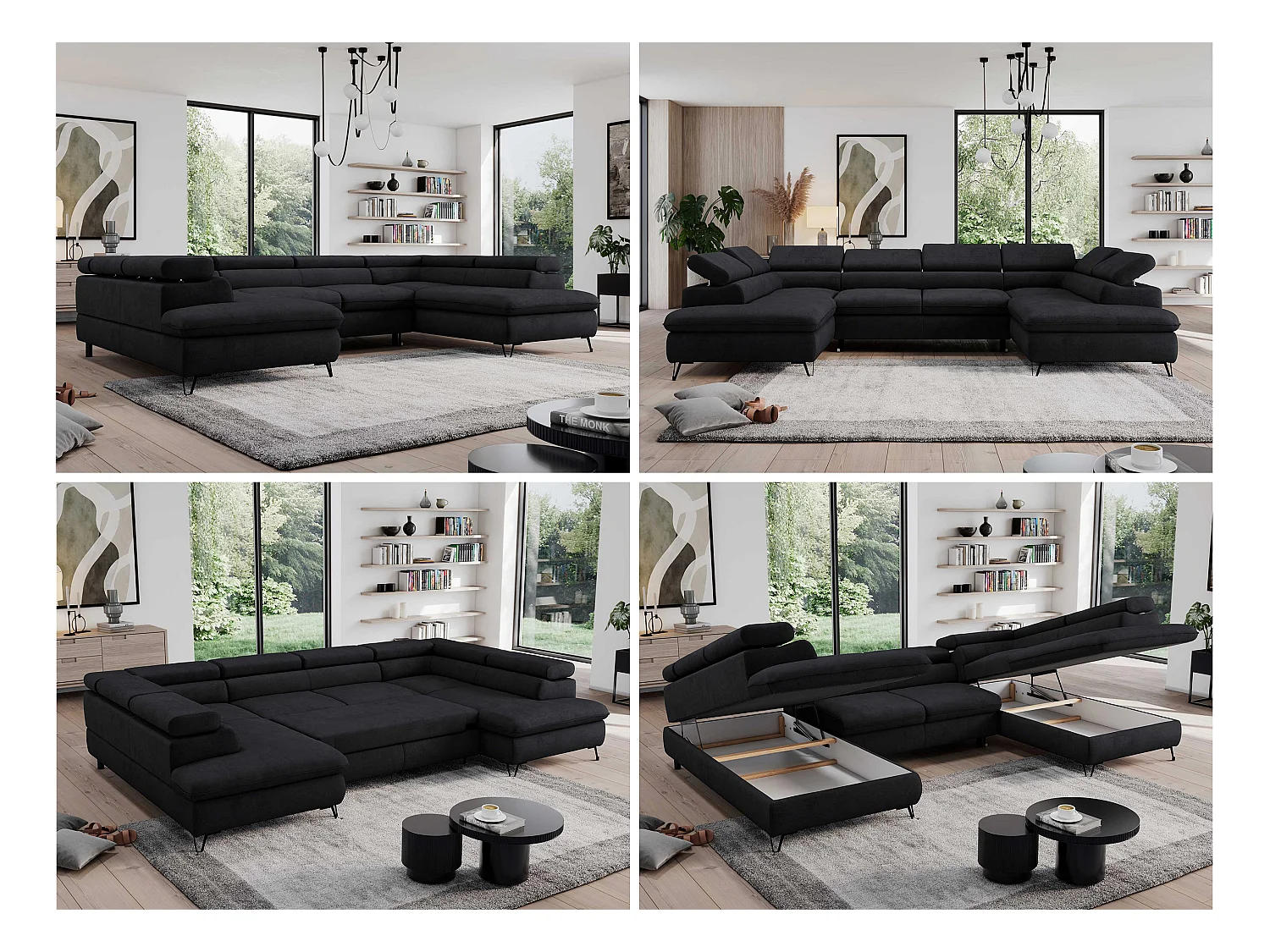 Ecksofa PEDRO U - XXL U-förmige Ecke, schlaffunktion und Bettkästen - Schwarz Velvet