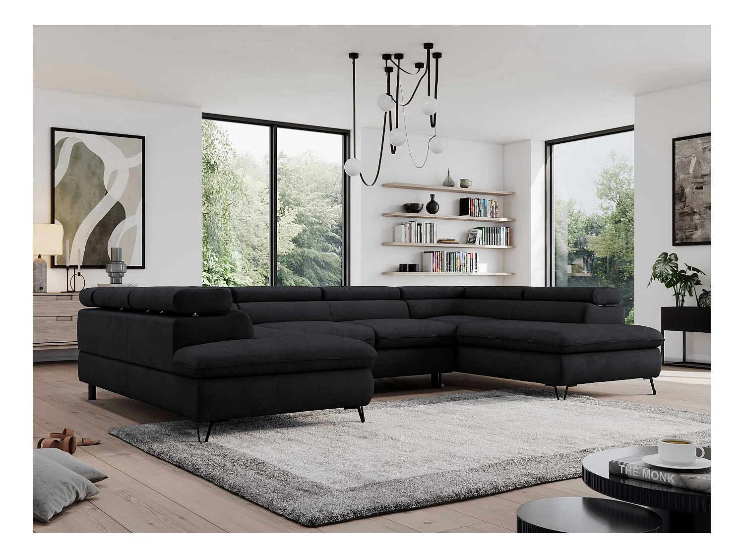 Ecksofa PEDRO U - XXL U-förmige Ecke, schlaffunktion und Bettkästen - Schwarz Velvet