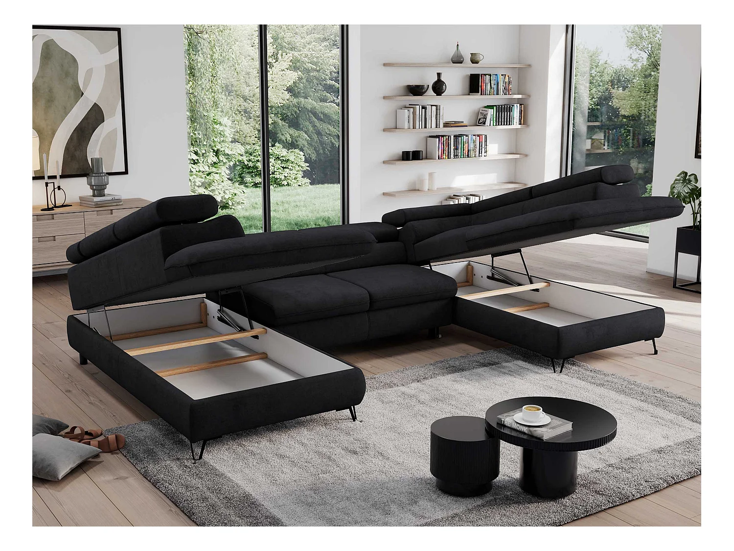 Ecksofa PEDRO U - XXL U-förmige Ecke, schlaffunktion und Bettkästen - Schwarz Velvet