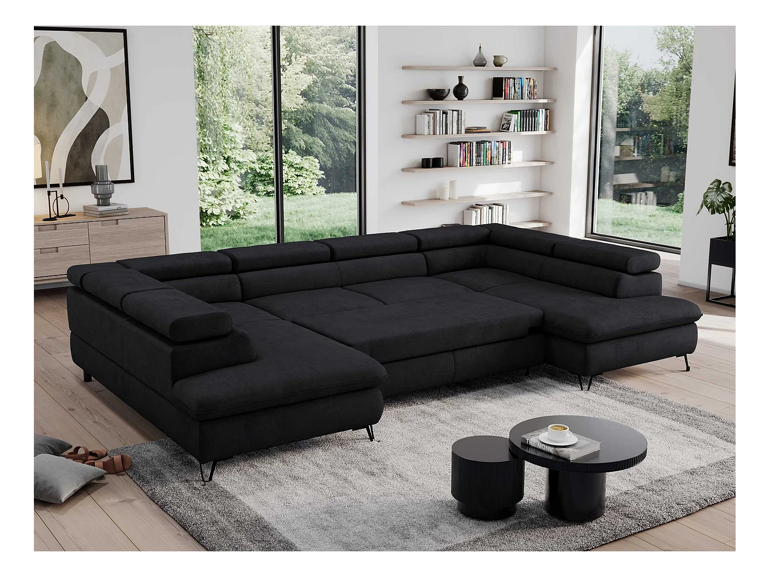 Ecksofa PEDRO U - XXL U-förmige Ecke, schlaffunktion und Bettkästen - Schwarz Velvet