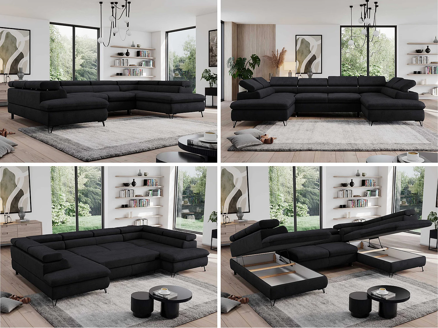 Ecksofa PEDRO U - XXL U-förmige Ecke, schlaffunktion und Bettkästen - Schwarz Velvet