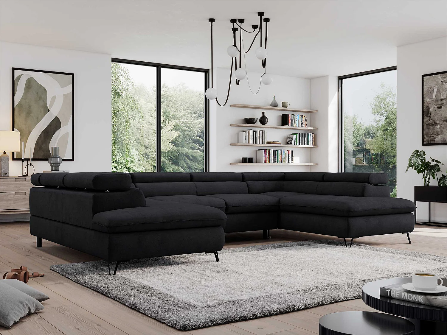 Ecksofa PEDRO U - XXL U-förmige Ecke, schlaffunktion und Bettkästen - Schwarz Velvet