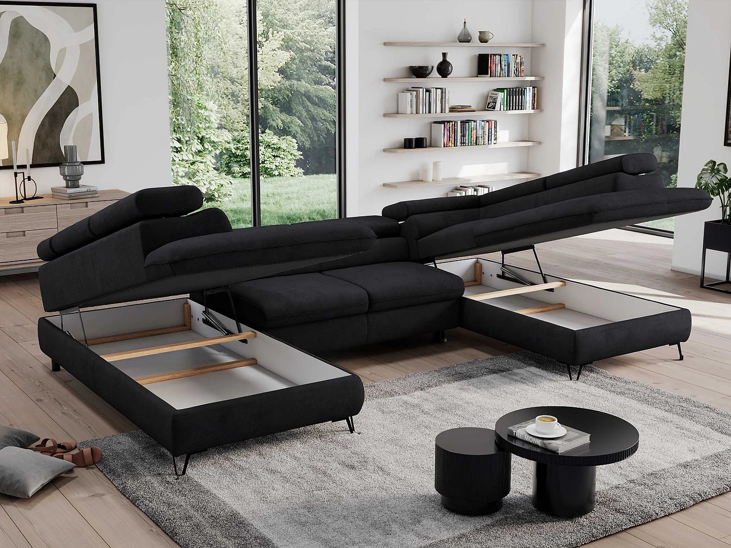 Ecksofa PEDRO U - XXL U-förmige Ecke, schlaffunktion und Bettkästen - Schwarz Velvet