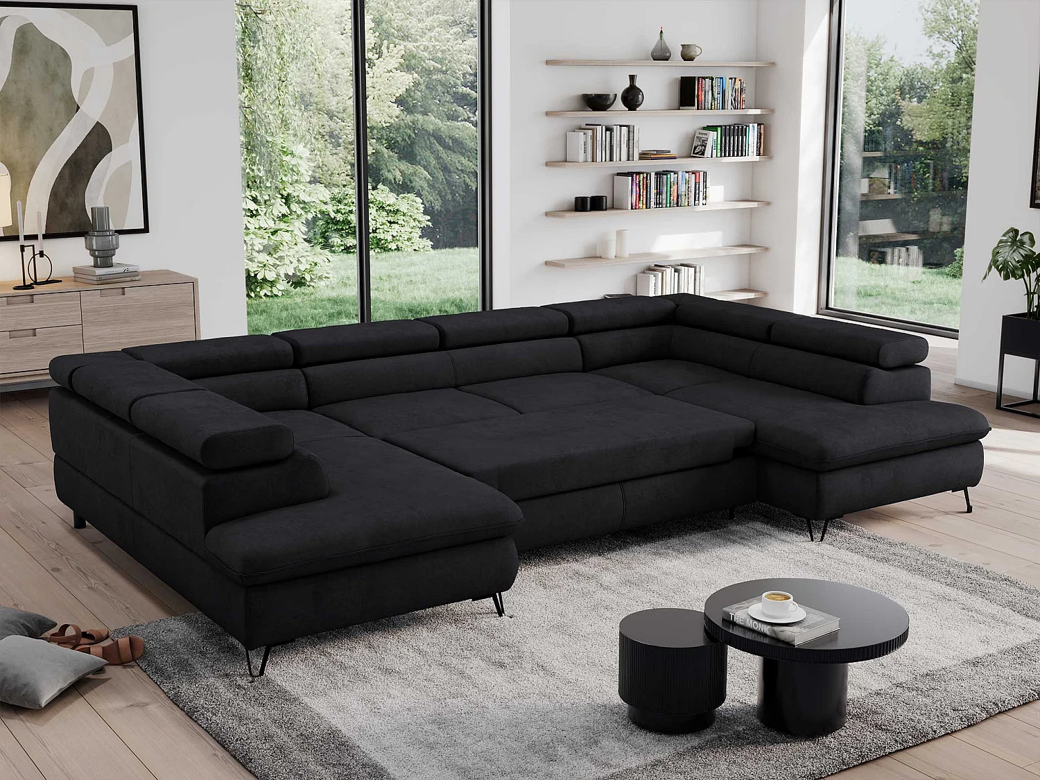 Ecksofa PEDRO U - XXL U-förmige Ecke, schlaffunktion und Bettkästen - Schwarz Velvet