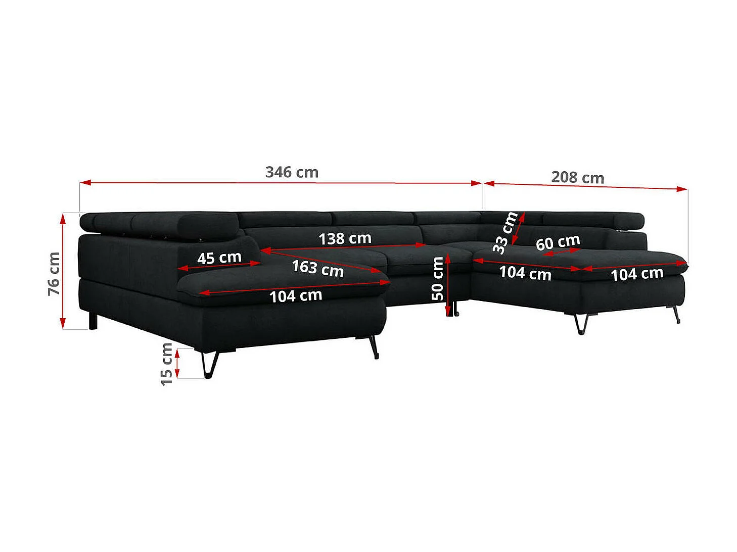 Ecksofa PEDRO U - XXL U-förmige Ecke, schlaffunktion und Bettkästen - Schwarz Velvet