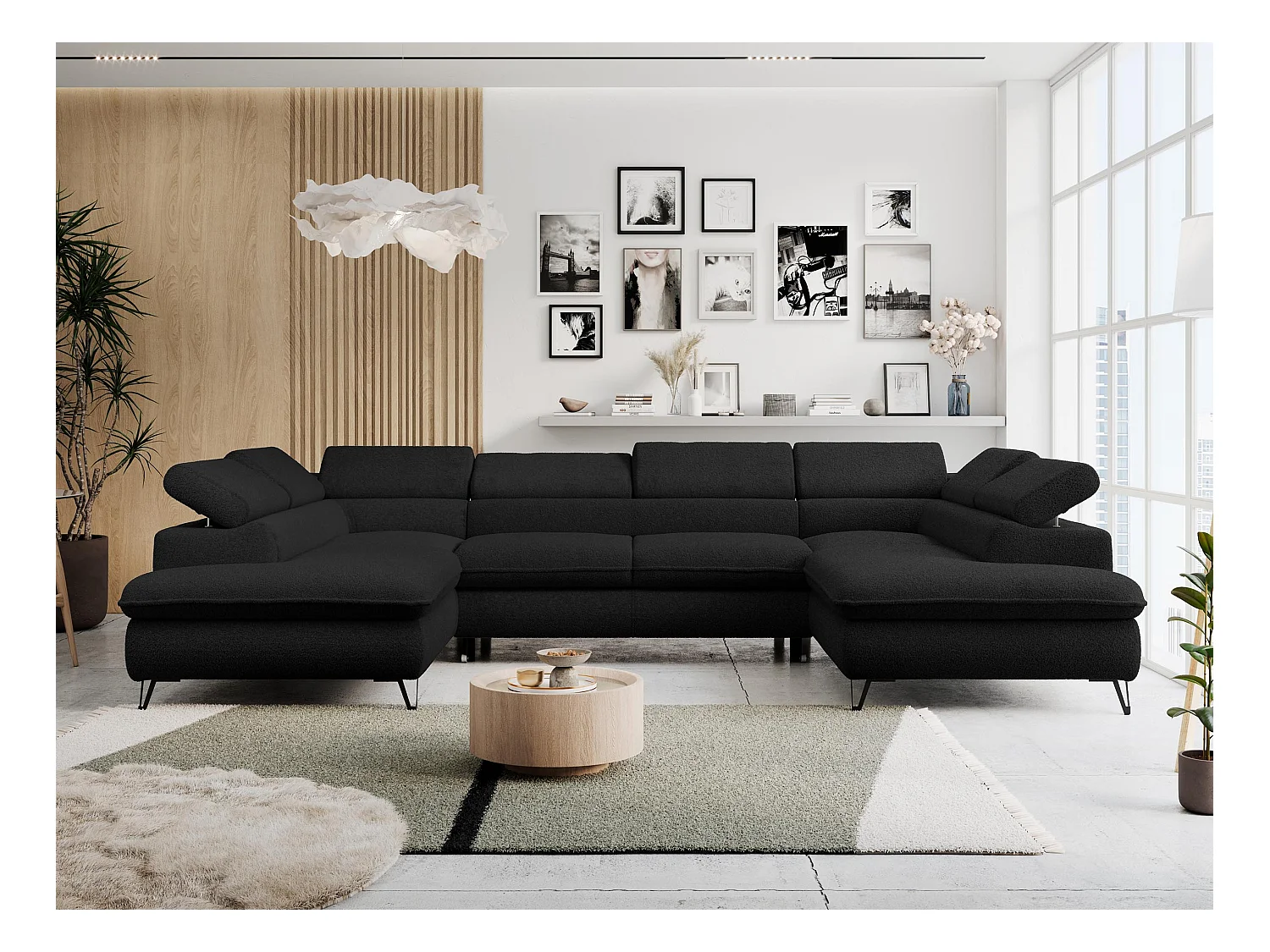 Ecksofa PETER U - schlaffunktion und Bettkästen, verstellbare Kopfstützen - Schwarz Boucle