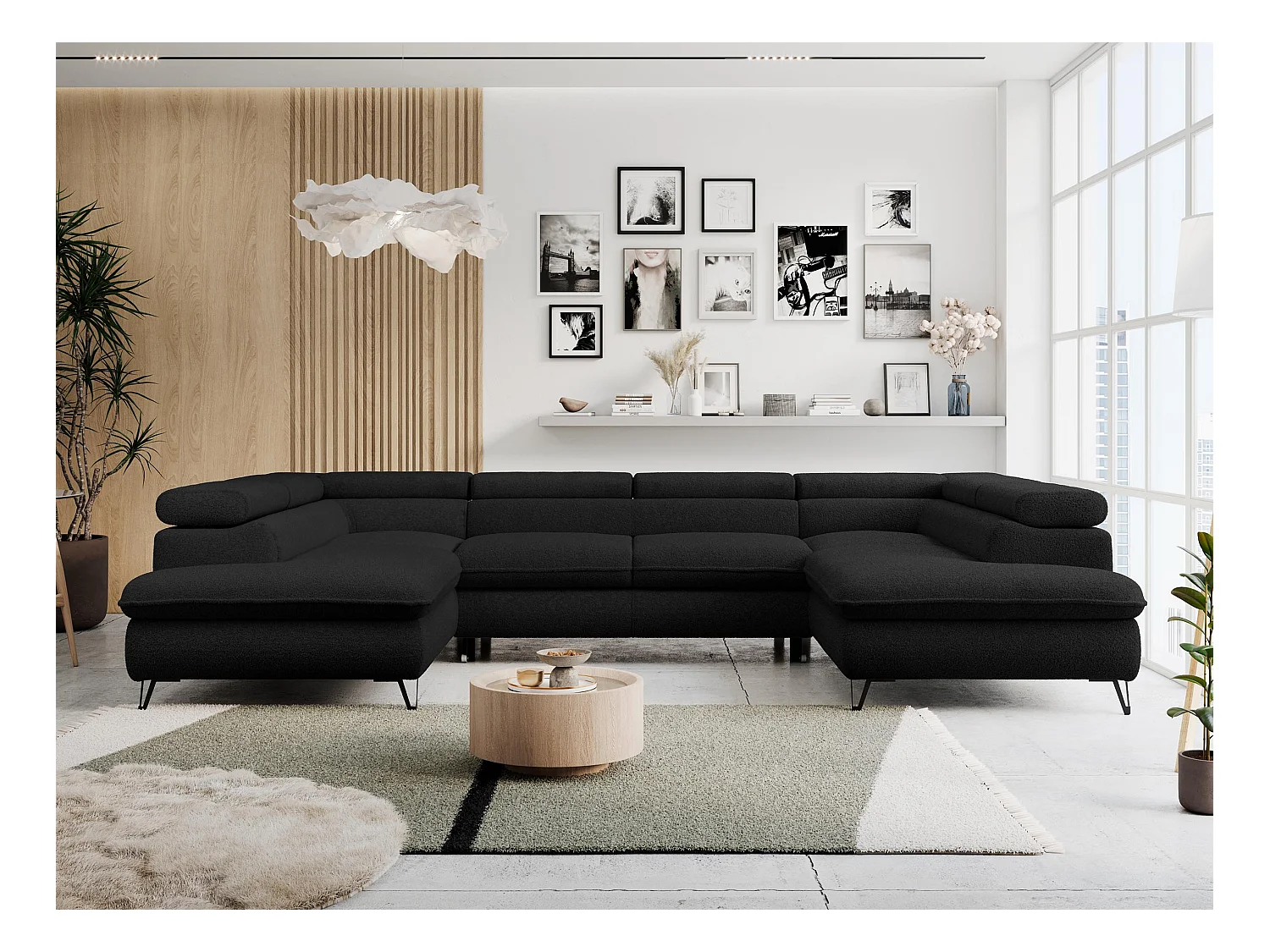 Ecksofa PETER U - schlaffunktion und Bettkästen, verstellbare Kopfstützen - Schwarz Boucle