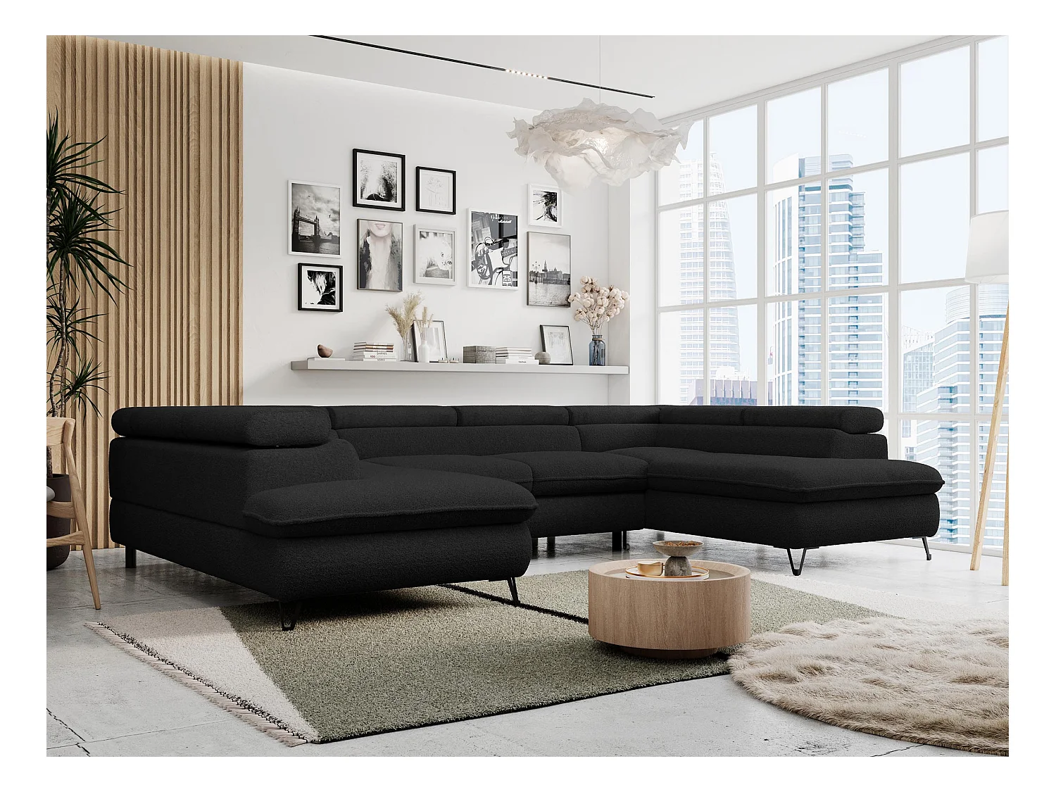 Ecksofa PETER U - schlaffunktion und Bettkästen, verstellbare Kopfstützen - Schwarz Boucle