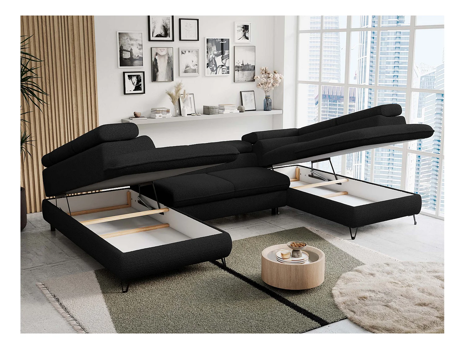 Ecksofa PETER U - schlaffunktion und Bettkästen, verstellbare Kopfstützen - Schwarz Boucle