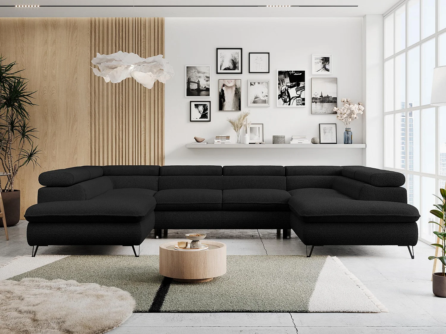 Ecksofa PETER U - schlaffunktion und Bettkästen, verstellbare Kopfstützen - Schwarz Boucle