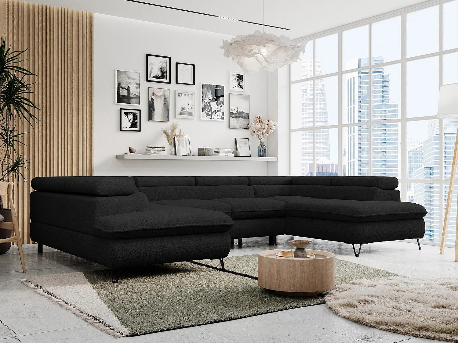 Ecksofa PETER U - schlaffunktion und Bettkästen, verstellbare Kopfstützen - Schwarz Boucle