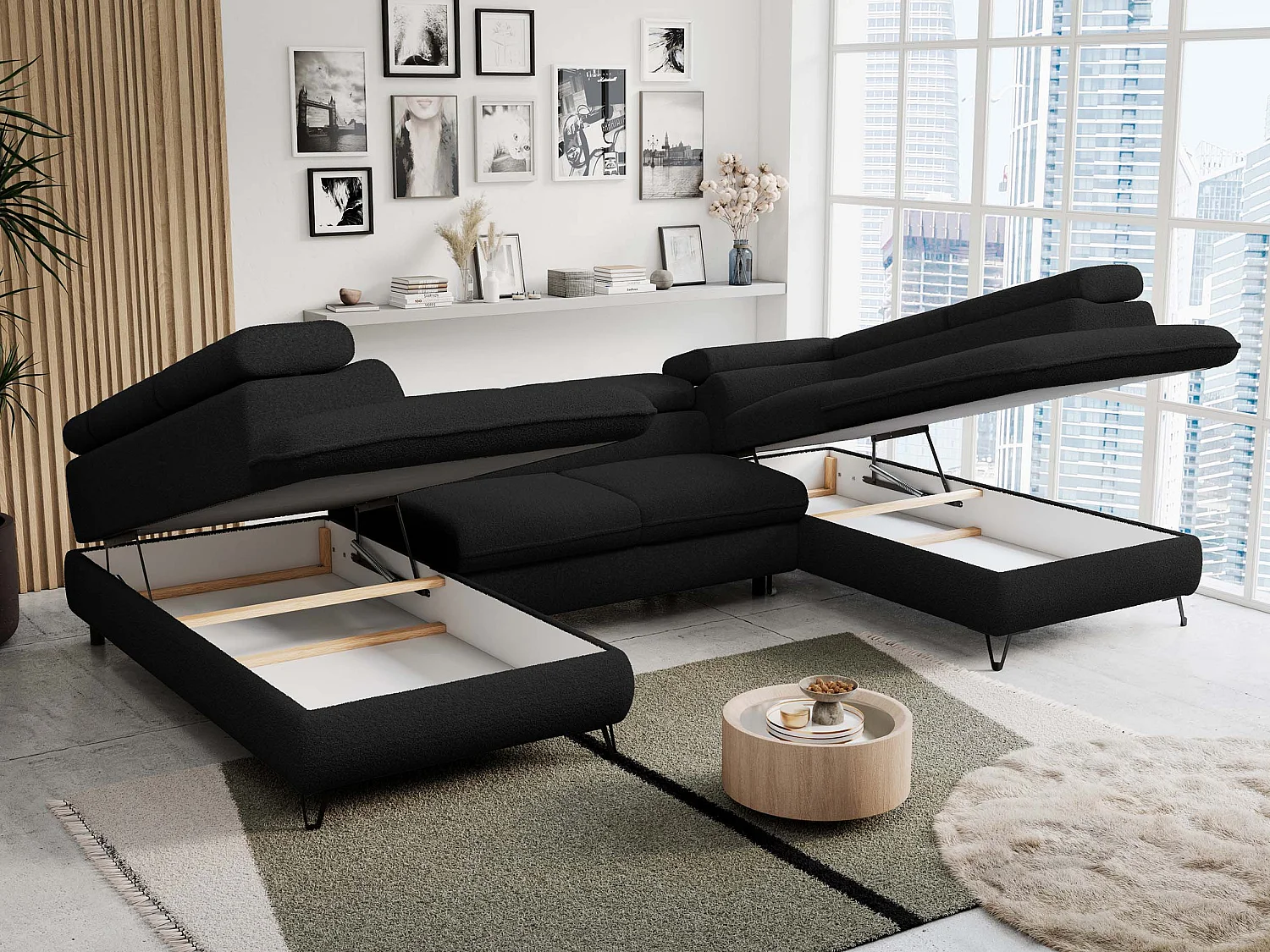 Ecksofa PETER U - schlaffunktion und Bettkästen, verstellbare Kopfstützen - Schwarz Boucle