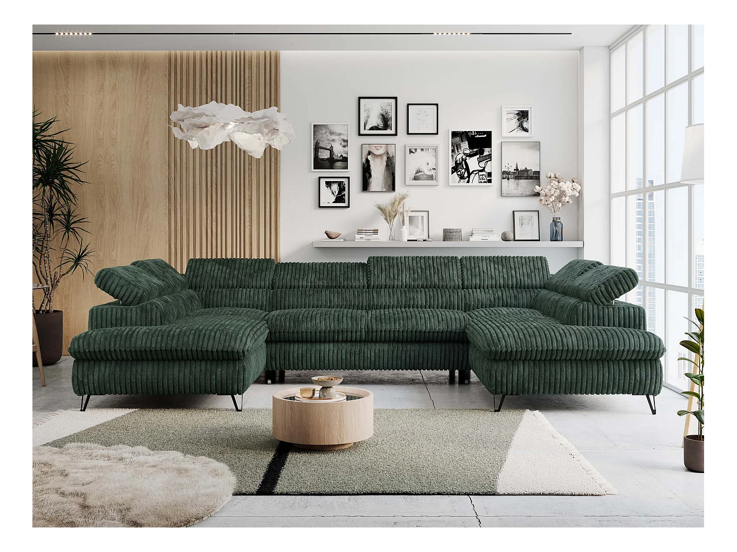 Ecksofa PETER U - schlaffunktion und Bettkästen, verstellbare Kopfstützen - Grün Cord