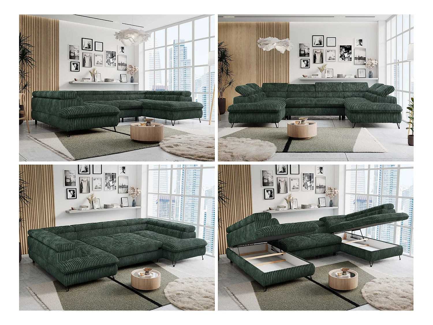 Ecksofa PETER U - schlaffunktion und Bettkästen, verstellbare Kopfstützen - Grün Cord