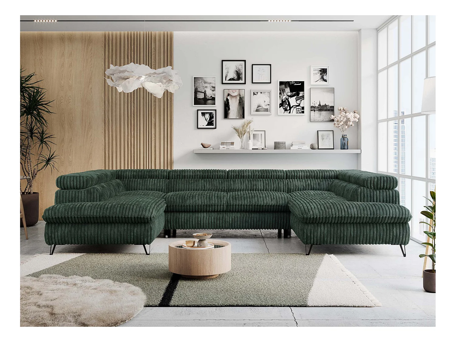 Ecksofa PETER U - schlaffunktion und Bettkästen, verstellbare Kopfstützen - Grün Cord