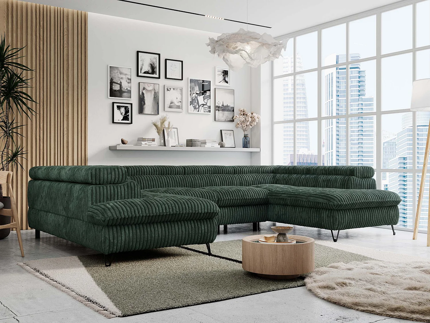 Ecksofa PETER U - schlaffunktion und Bettkästen, verstellbare Kopfstützen - Grün Cord