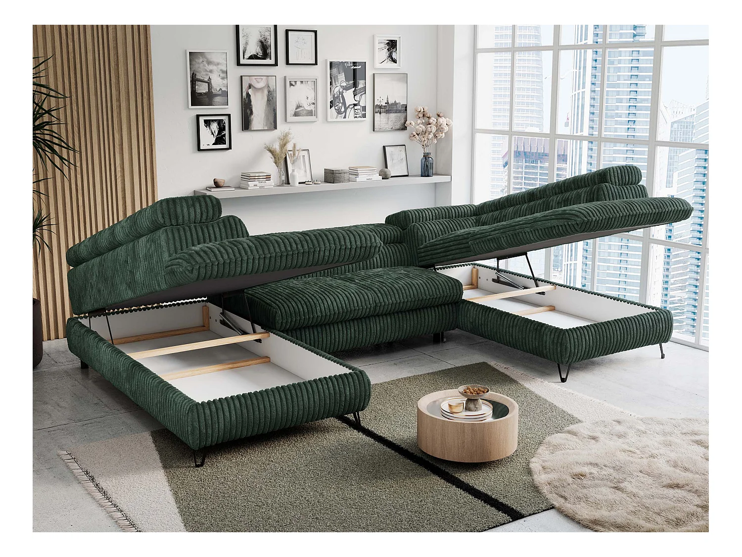 Ecksofa PETER U - schlaffunktion und Bettkästen, verstellbare Kopfstützen - Grün Cord
