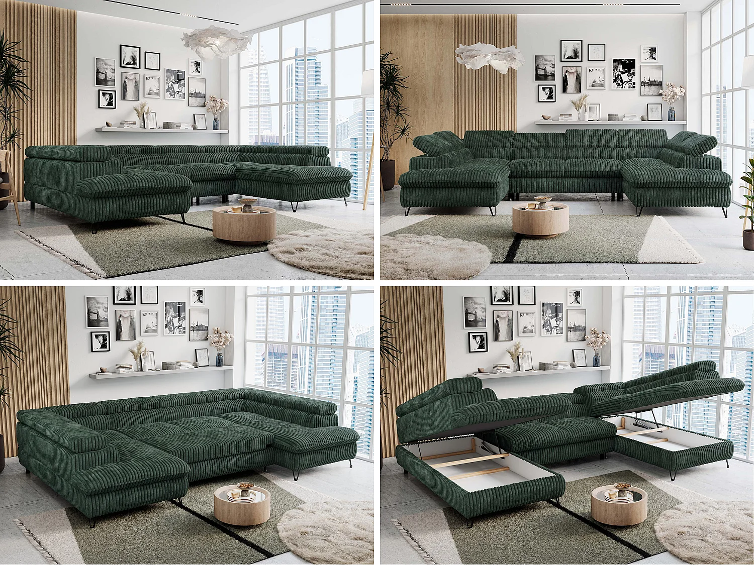 Ecksofa PETER U - schlaffunktion und Bettkästen, verstellbare Kopfstützen - Grün Cord