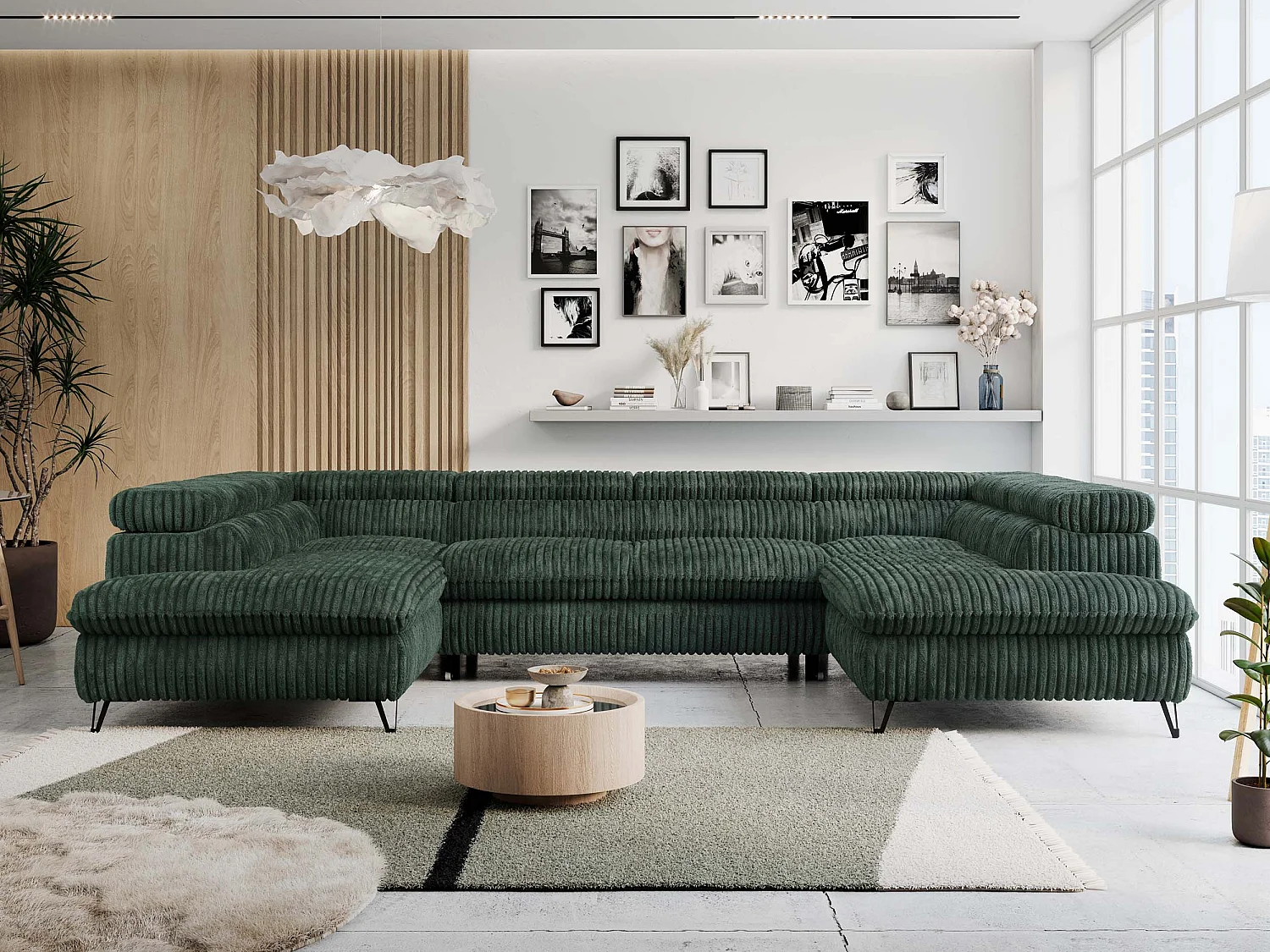 Ecksofa PETER U - schlaffunktion und Bettkästen, verstellbare Kopfstützen - Grün Cord