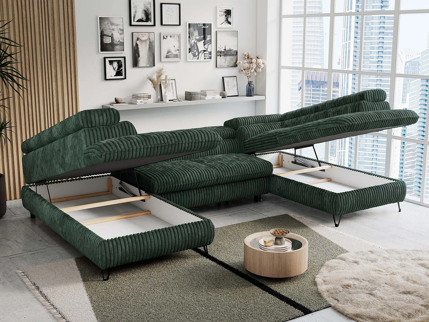 Ecksofa PETER U - schlaffunktion und Bettkästen, verstellbare Kopfstützen - Grün Cord