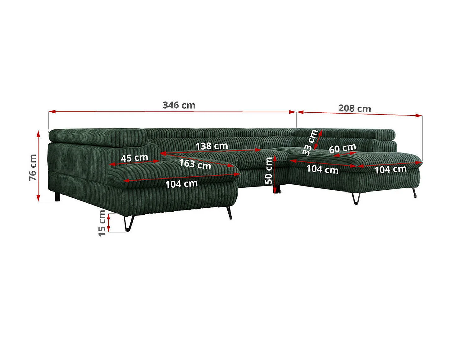 Ecksofa PETER U - schlaffunktion und Bettkästen, verstellbare Kopfstützen - Grün Cord