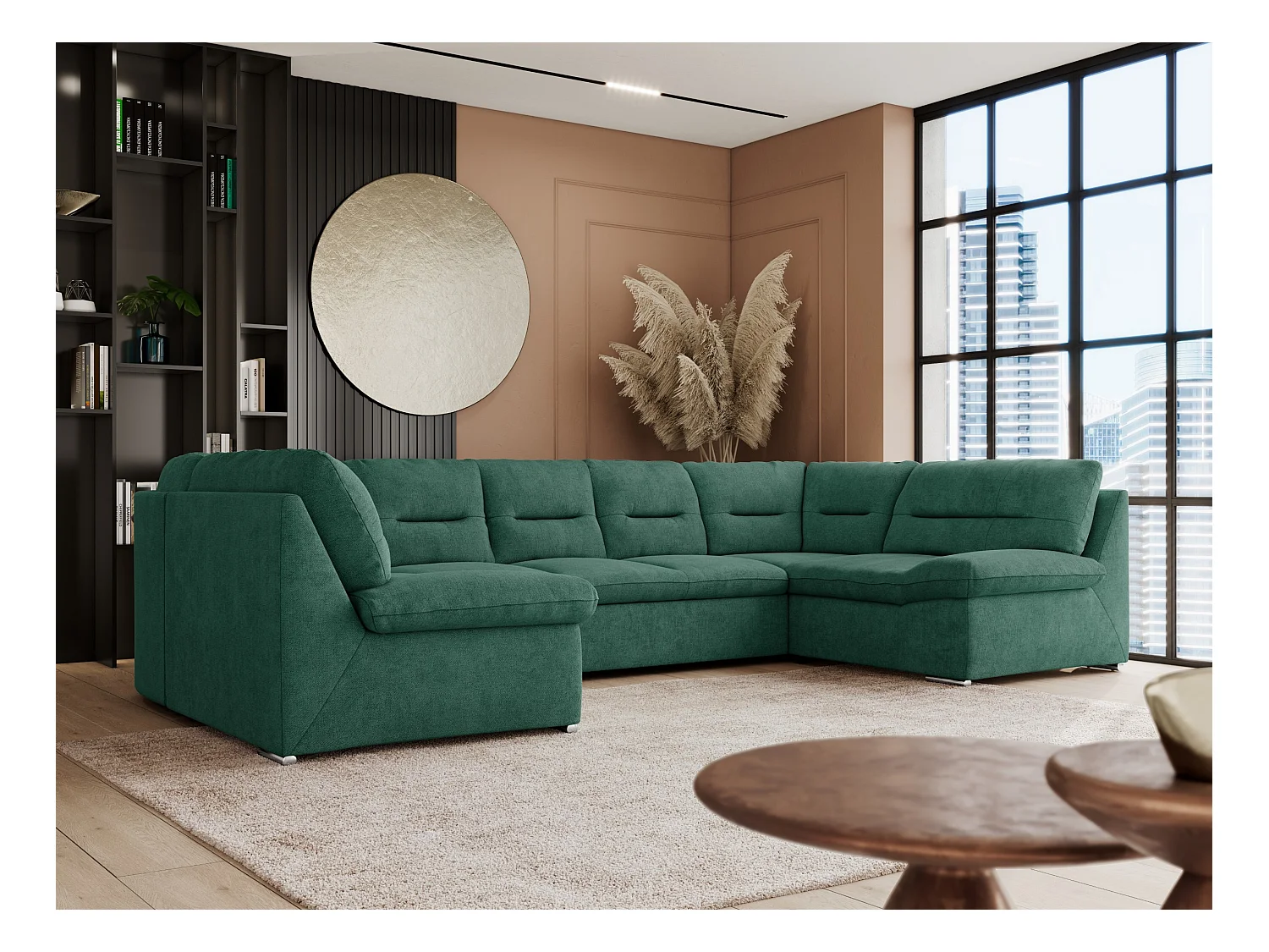 Ecksofa COMODO U, Große Wohnlandschaft, mit Schlaffunktion - Grün Stukture