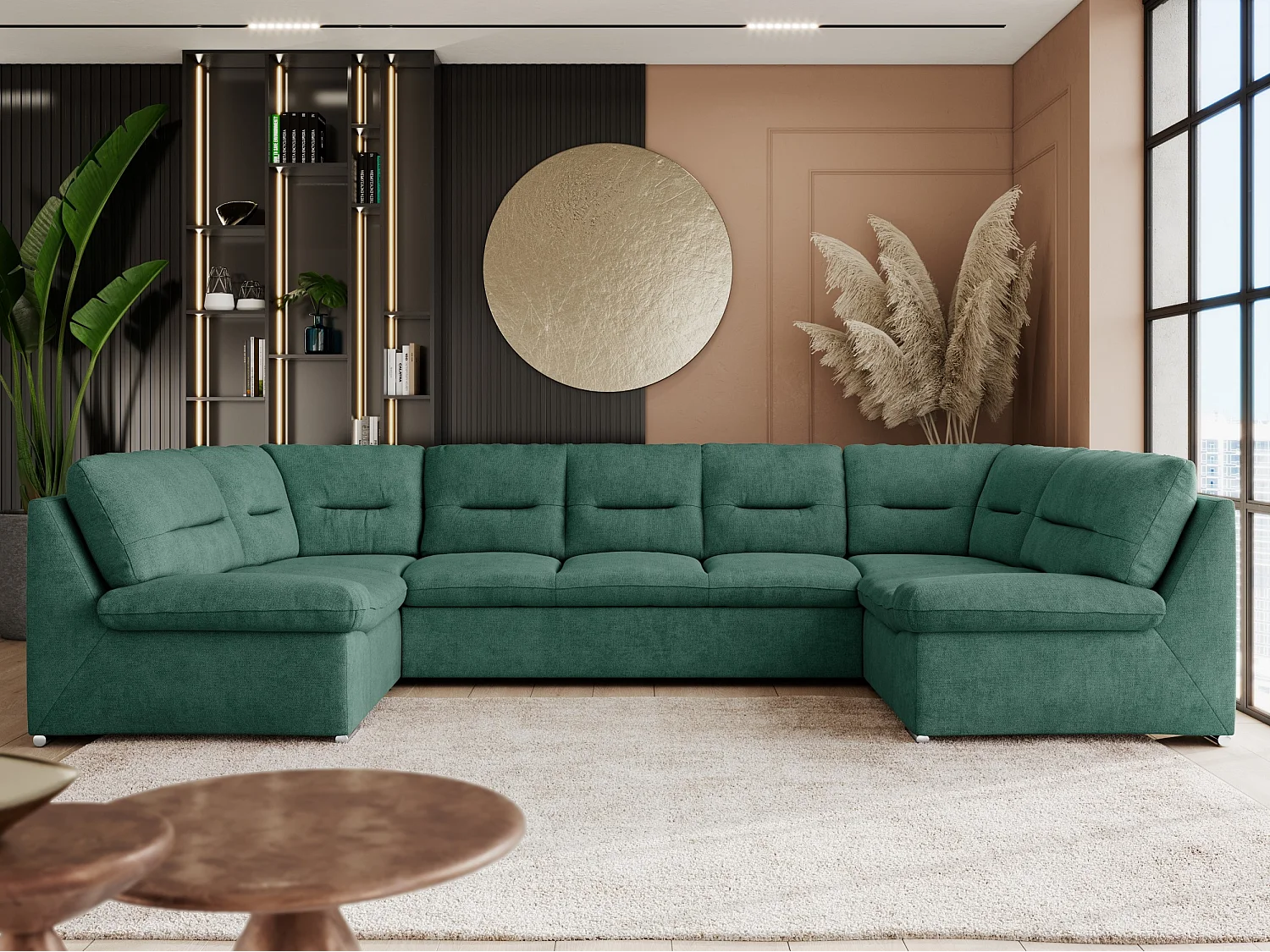 Ecksofa COMODO U, Große Wohnlandschaft, mit Schlaffunktion - Grün Stukture