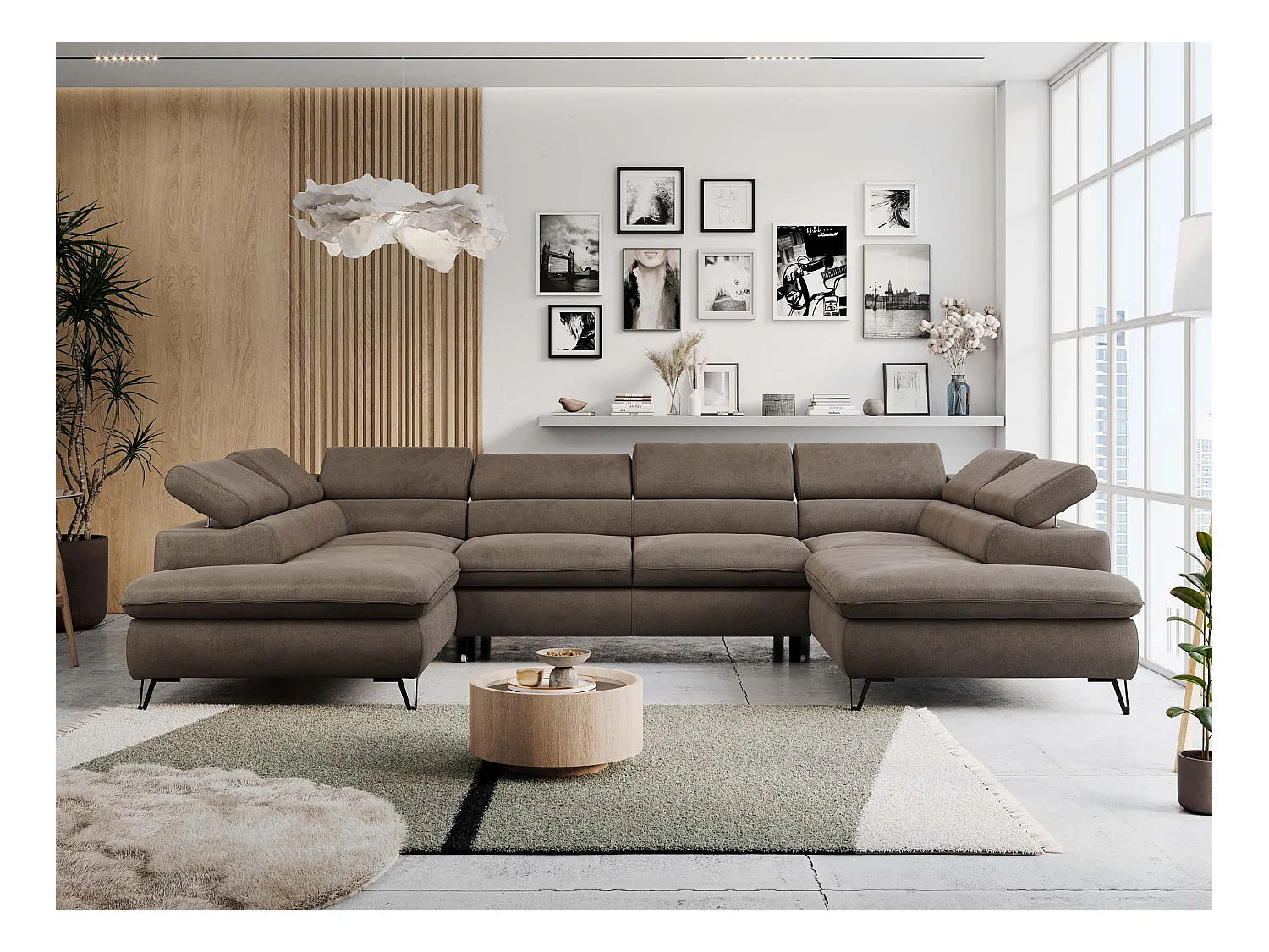 Ecksofa PETER U - schlaffunktion und Bettkästen, verstellbare Kopfstützen - Braun Velvet