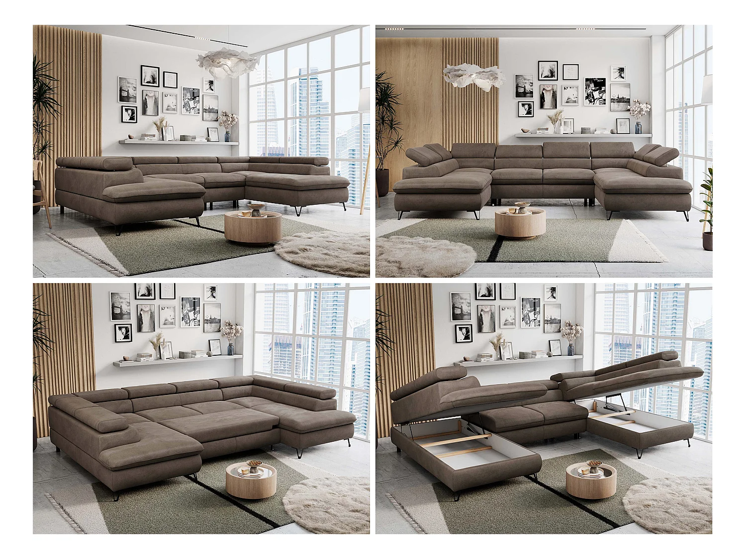 Ecksofa PETER U - schlaffunktion und Bettkästen, verstellbare Kopfstützen - Braun Velvet