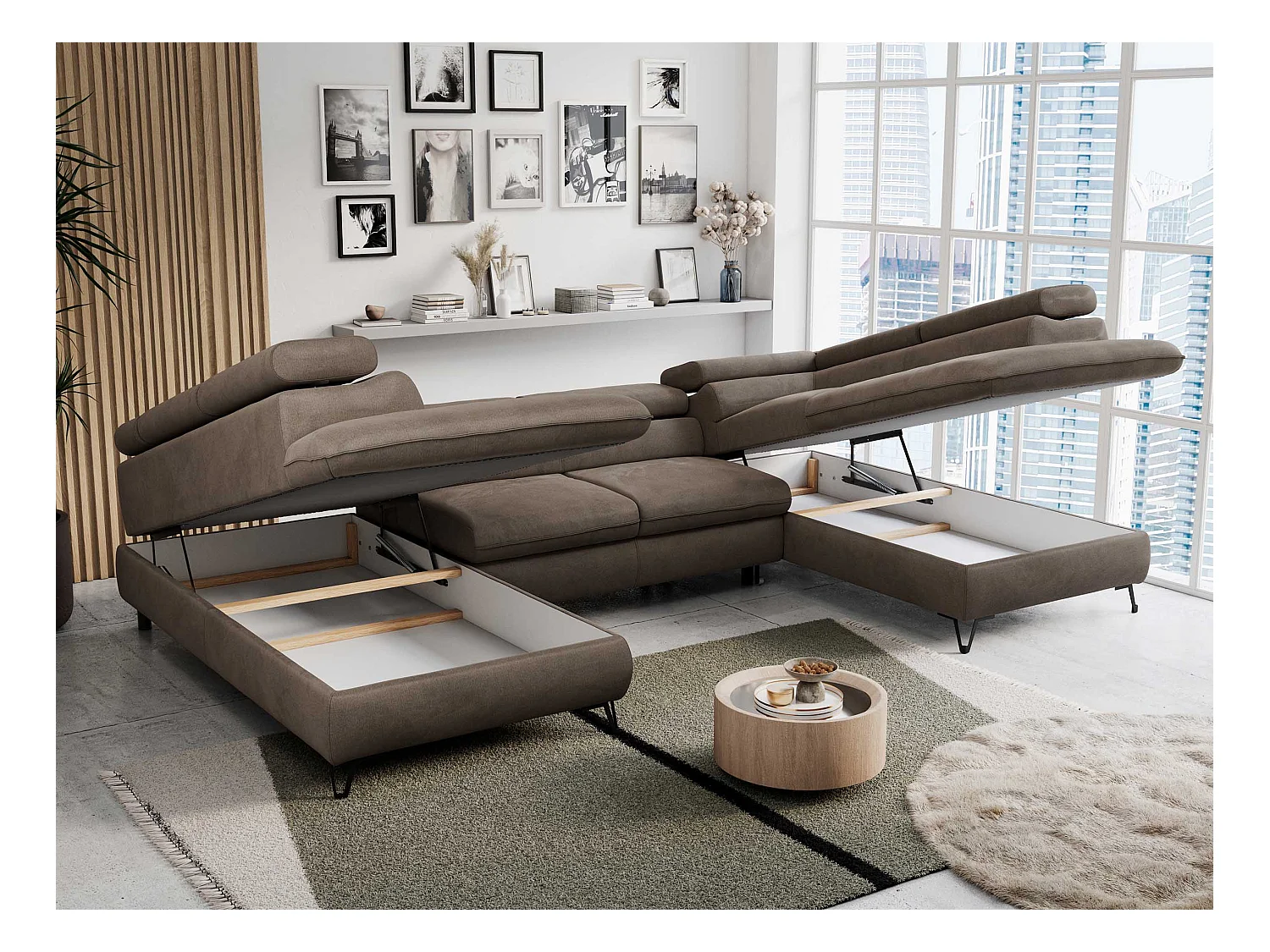 Ecksofa PETER U - schlaffunktion und Bettkästen, verstellbare Kopfstützen - Braun Velvet