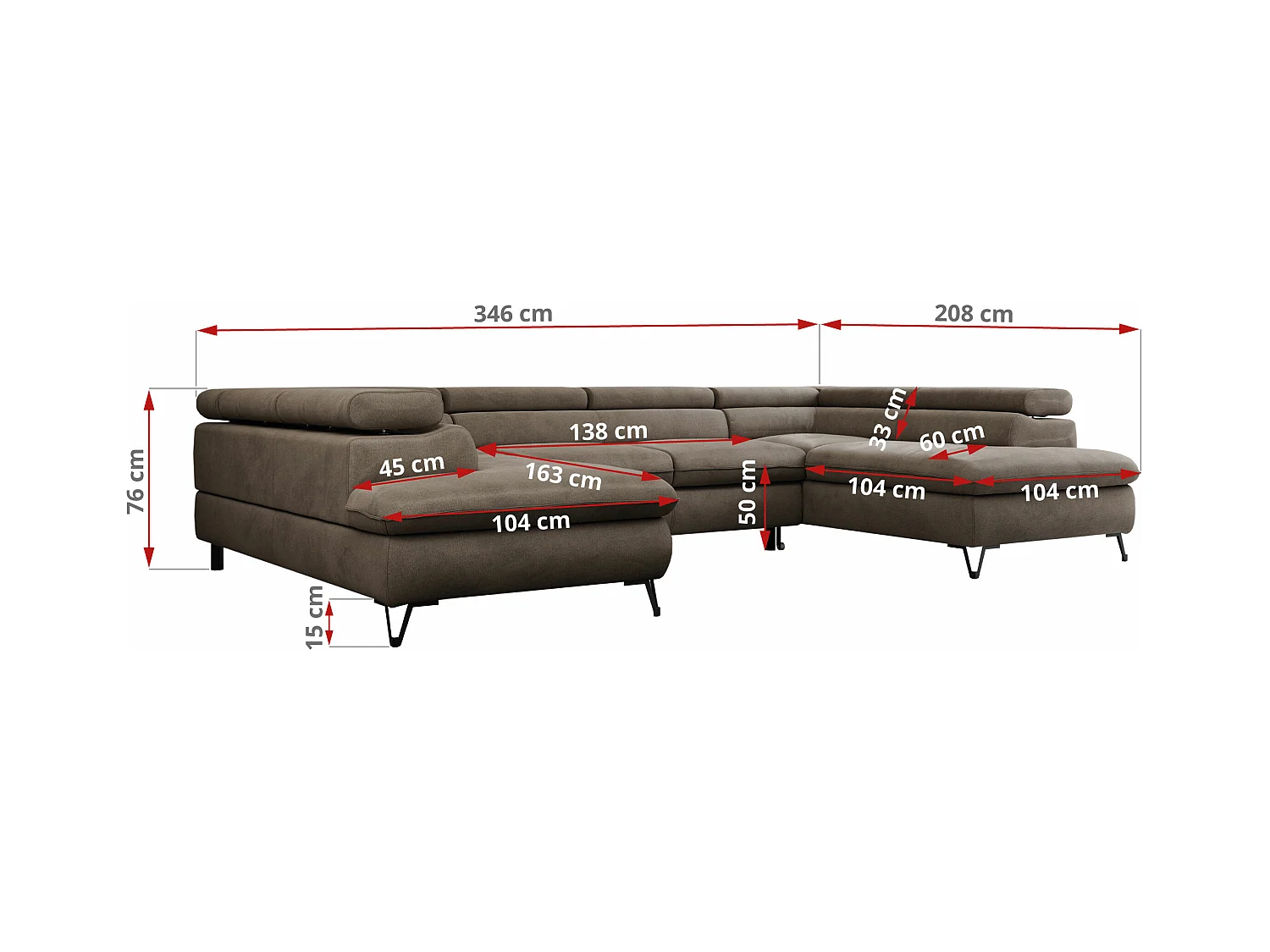 Ecksofa PETER U - schlaffunktion und Bettkästen, verstellbare Kopfstützen - Braun Velvet