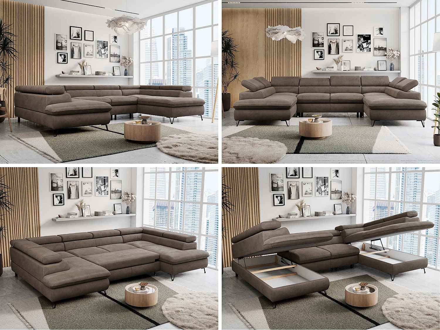 Ecksofa PETER U - schlaffunktion und Bettkästen, verstellbare Kopfstützen - Braun Velvet