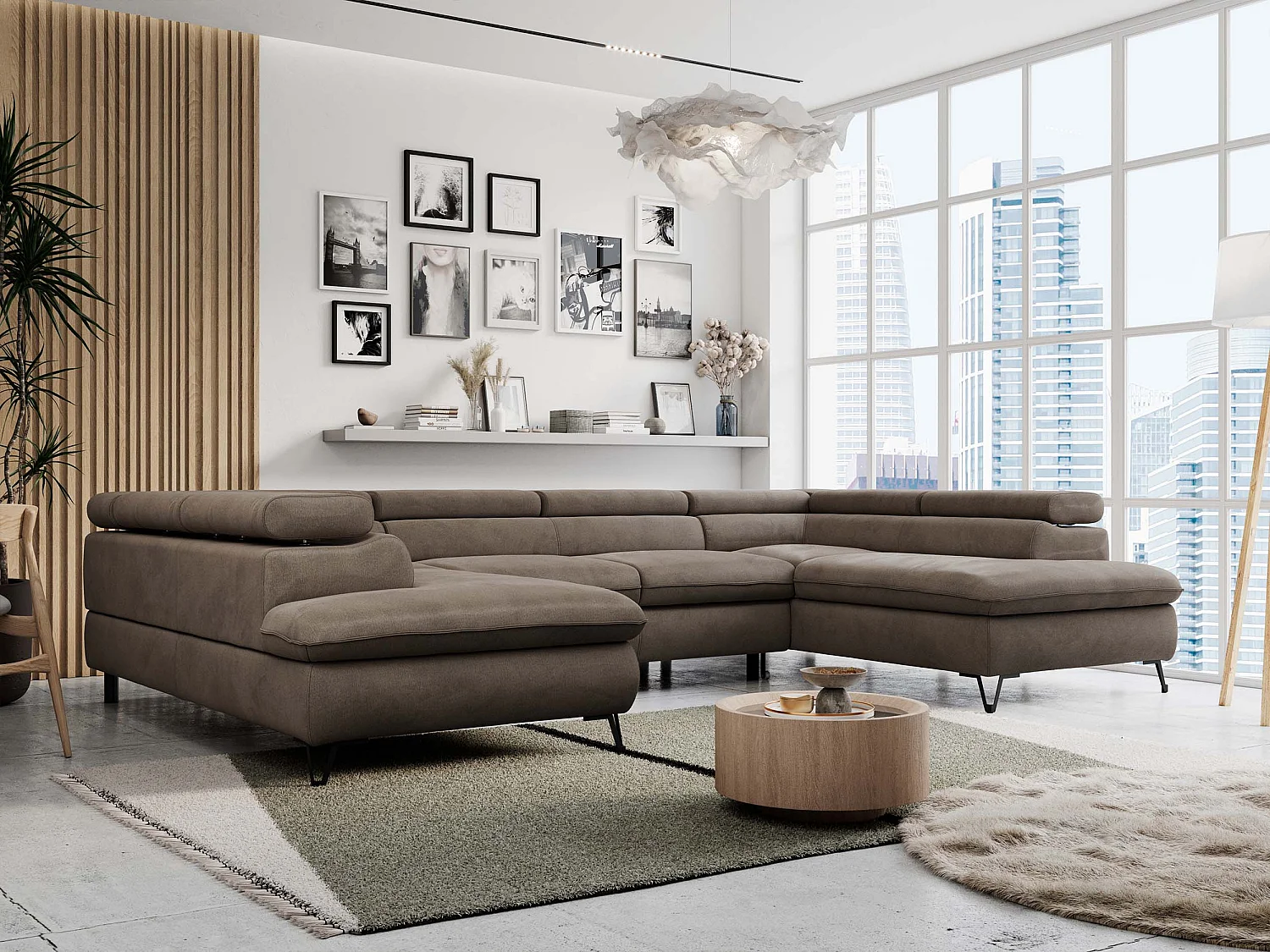 Ecksofa PETER U - schlaffunktion und Bettkästen, verstellbare Kopfstützen - Braun Velvet