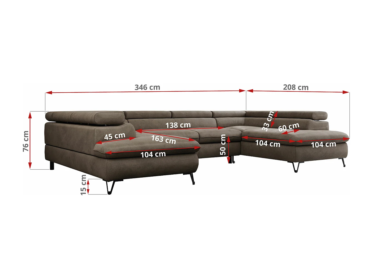 Ecksofa PETER U - schlaffunktion und Bettkästen, verstellbare Kopfstützen - Braun Velvet